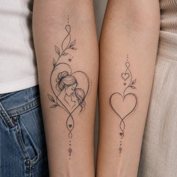 Fineline Mutter-Tochter-Tattoo mit kleinem Herz