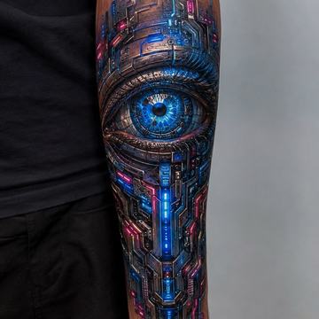 Cyberpunk-Unterarmtattoo mit großem blauen Cyber-Auge