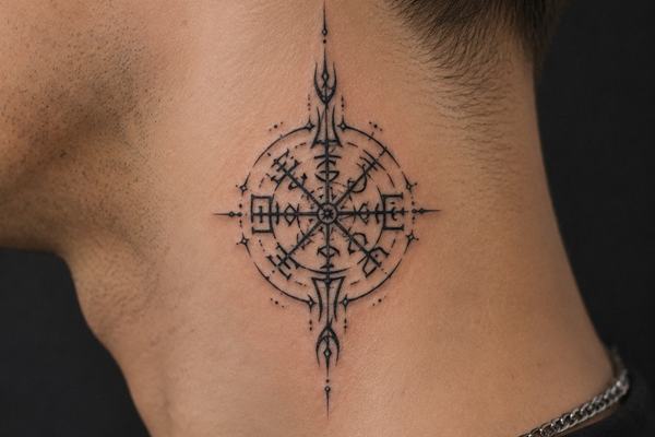 Feines Blackwork-Vegvisir auf dem Oberarm