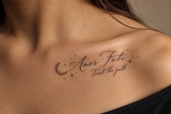 Minimalistisches Schlüsselbein-Tattoo mit feinem Script: „Amor Fati“ und darunter „Trust the path“