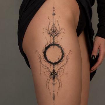Schwarz‑Grau‑Tattoo am Oberschenkel