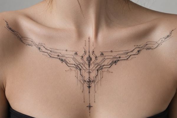 Feines Cyberpunk-Brusttattoo im Fineline-/Geometric-Stil: symmetrische, V-förmige Schaltkreislinien über den Schlüsselbeinen mit vertikaler Mittelachse am Brustbein in minimalistischem Schwarz.