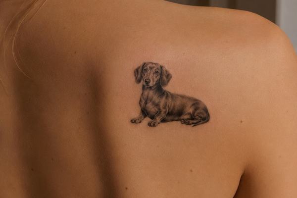 Kleines realistisches Dackel‑Tattoo in Schwarz‑Grau auf dem Schulterblatt