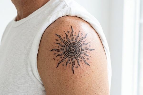 Spiral-Sonnen-Tattoo am Oberarm