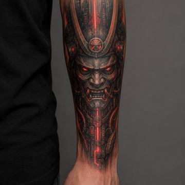 Cyberpunk-Unterarmtattoo: biomechanische Samurai/Oni-Maske als Sleeve