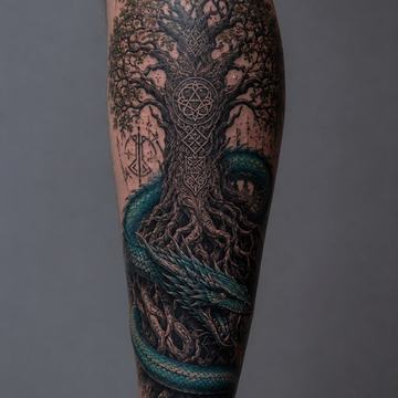 Großes, vertikales Yggdrasil‑Tattoo auf der Wade