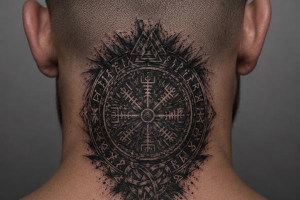 Vegvisir-Tattoo im Blackwork-Stil am Nacken