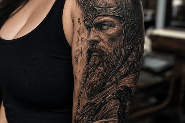 Wikinger-Porträt-Tattoo am Oberarm