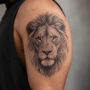 Realistisches Löwenkopf Tattoo am Oberarm