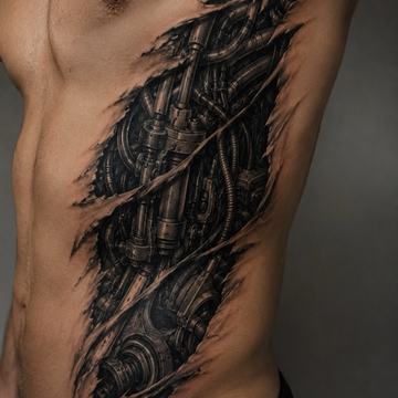 Großes Cyberpunk-Rippentattoo mit aufgerissener Haut-Optik: realistische Schwarz-Grau-Biomechanik mit Kabeln, Schläuchen und Kolben, als technisches Seiten-Piece mit starker 3D-Wirkung.