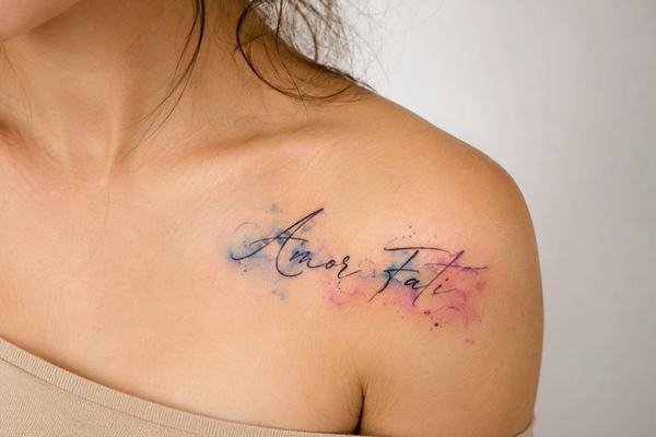 Feines, minimalistisches "Amor Fati"-Script-Tattoo 