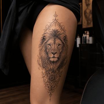 Ornamentales Löwen Tattoo am Oberschenkel