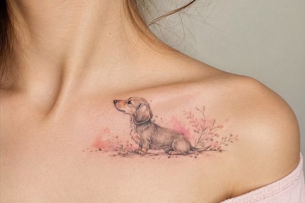Kleines, realistisches Dackel‑Tattoo im Fineline‑Stil am Schlüsselbein