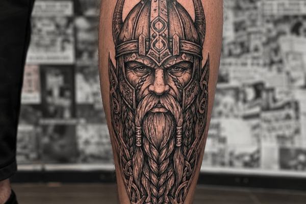 Wikingerkopf-Tattoo am Unterschenkel
