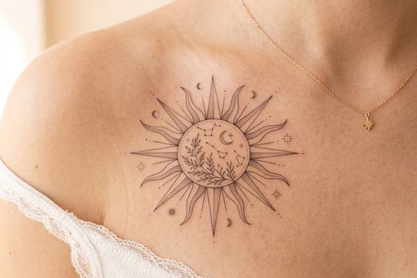 Sonne-Mond-Tattoo am Schlüsselbein