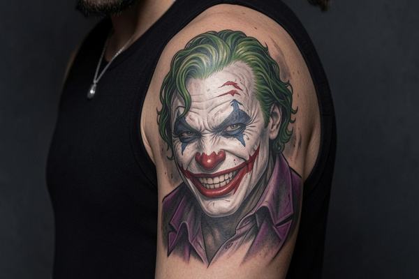 Realistisches, farbiges Joker-Porträt-Tattoo mit grünem Haar