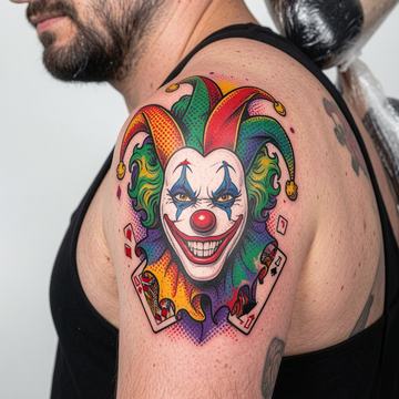 Großflächiges, farbiges Joker-Tattoo auf dem Oberarm