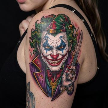 Großflächiges, farbiges Joker-Porträt-Tattoo auf Schulter/Oberarm