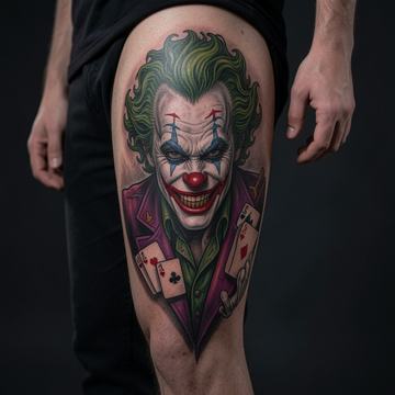 Großflächiges, farbiges Joker-Portrait als realistisches Tattoo auf dem Oberschenkel