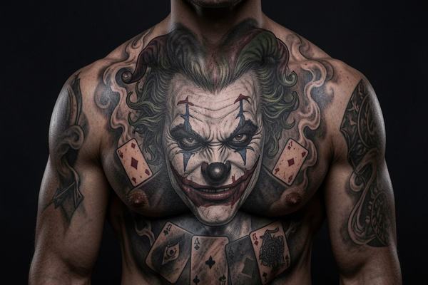 Großflächiges, realistisches Joker-Porträt-Tattoo auf der Brust
