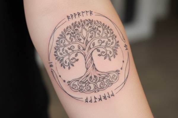 Feines Yggdrasil‑Tattoo im Runenkreis auf dem inneren Unterarm 