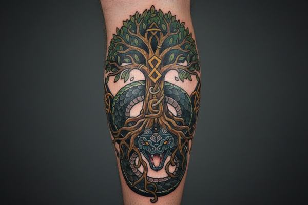 Yggdrasil-Tattoo auf der Wade